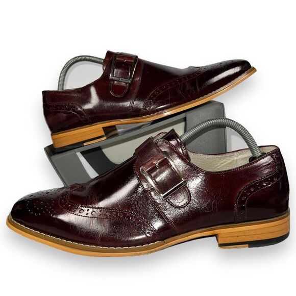Giovanni Baron Monk Strap Wingtip Loafers Burgundy Leather Men's 9 - Picture 1 of 12